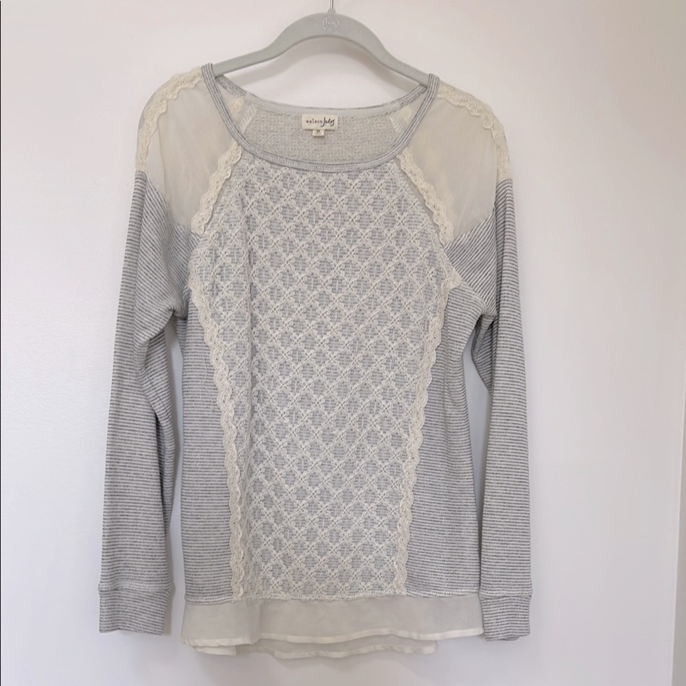 Maison Jules Gray and Cream Sheer and Lace Details Sweater